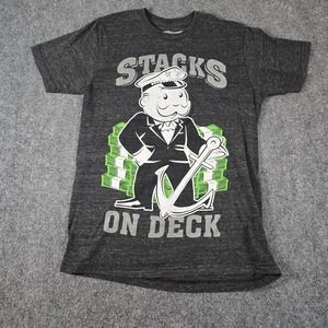 Mr. Monopoly "Stacks On Deck"‎ Gray Graphic Print Tee / T-Shirt Mens Medium M